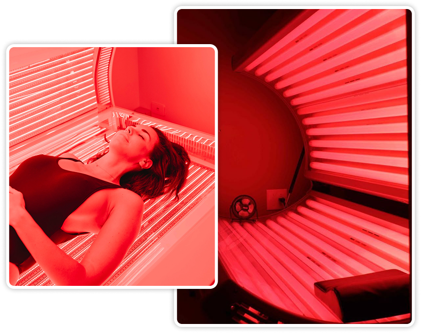 Person in hybrid red light tanning bed